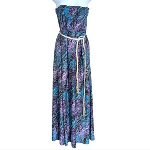 y2k No Boundaries Blue Purple Smocked Strapless Dress with Cord Waist Tie Size M